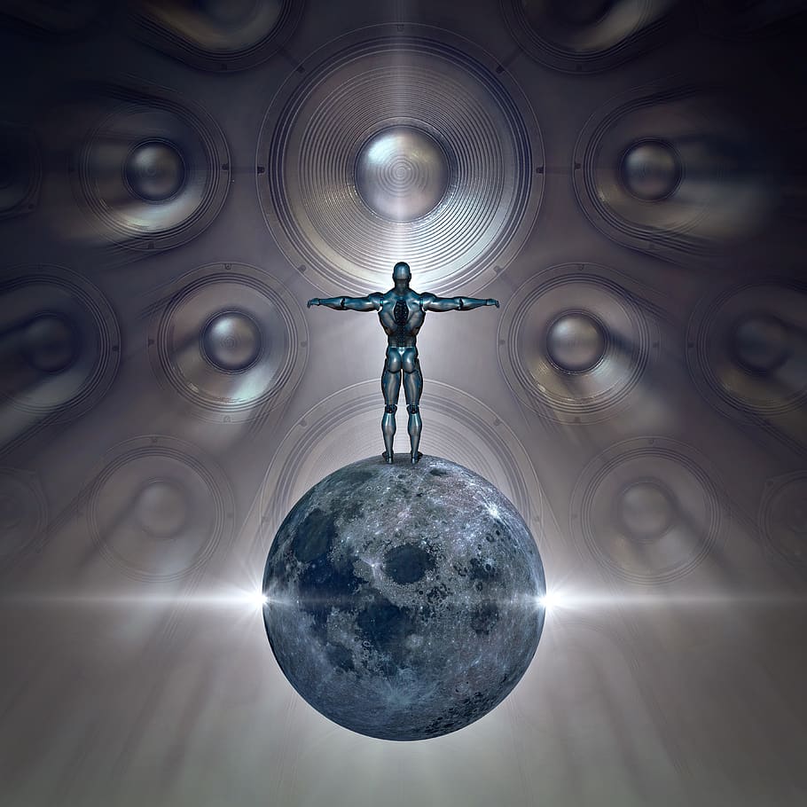 cd cover, fantasy, science fiction, man, robot, moon, speakers