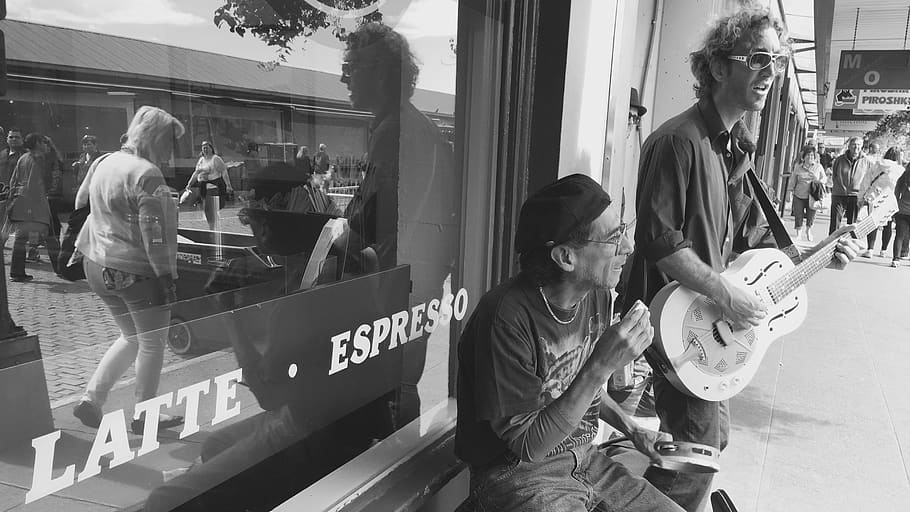 seattle, starbucks, united states, black and white, buskers, HD wallpaper