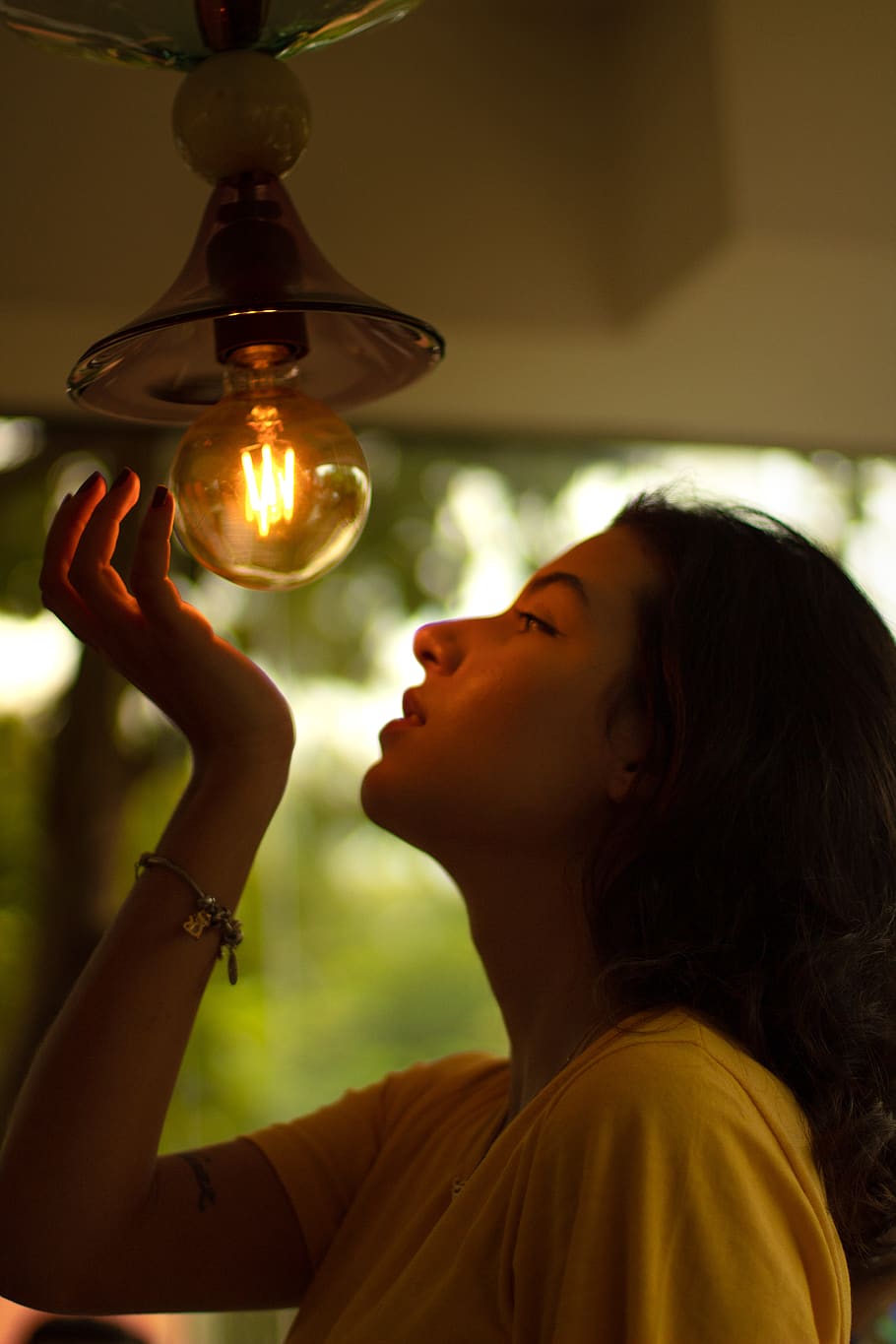 Woman In Yellow Shirt, illuminated, light, light bulb, lightbulb HD wallpaper