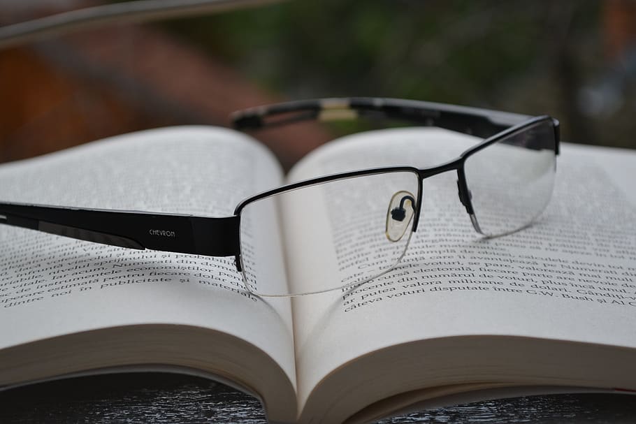 Clear Eyeglasses With Black Frames on Opened Book, data, education HD wallpaper
