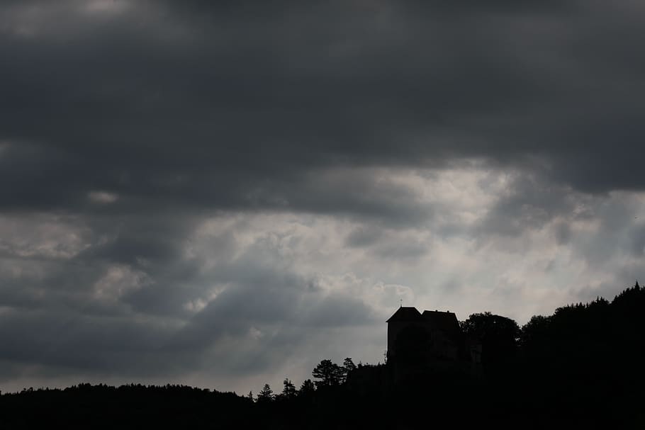 storm, clouds, dark sky, silhouette, castle, forest, cloudburst HD wallpaper