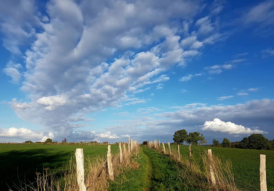 landscape, lane, away, reported, nature, depth, fence, cloud formations HD wallpaper