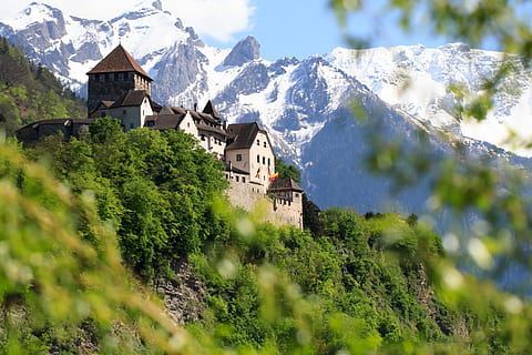 HD wallpaper: brown castle, road, trees, mountains, Alps, Liechtenstein ...