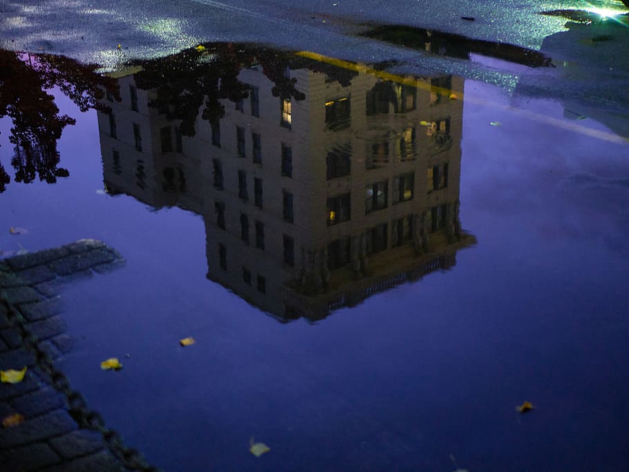puddle, building, reflection, blue, sunset, furniture, table HD wallpaper