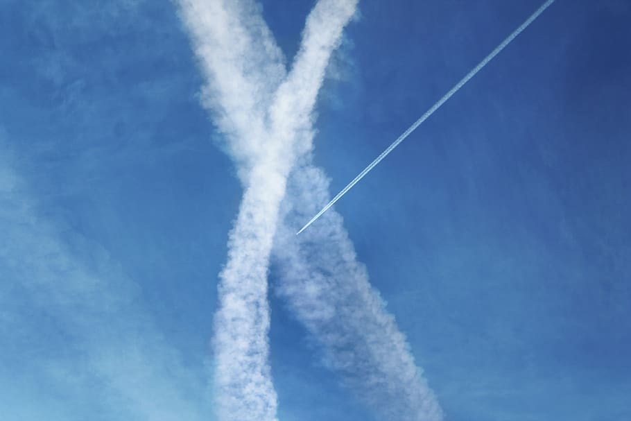 sky, clouds, airplane, aeroplane, blue, white, nature, sun HD wallpaper