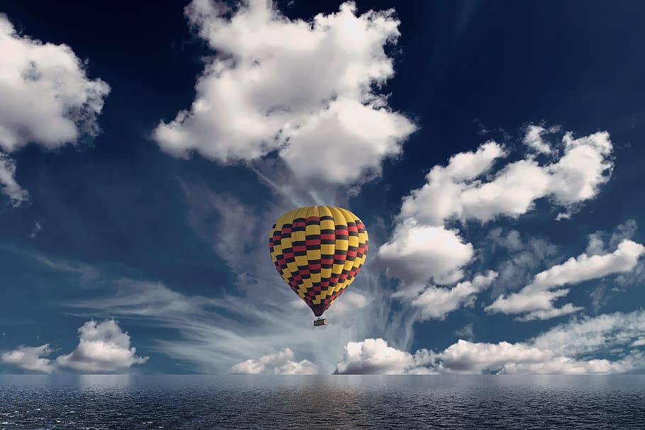 hot air balloon, clouds, reflection, sky, travel, adventure HD wallpaper