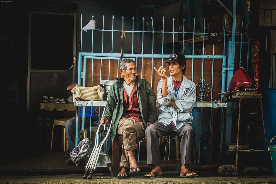 Two Men Sitting on Stool Painting, adults, chatting, conversation HD wallpaper