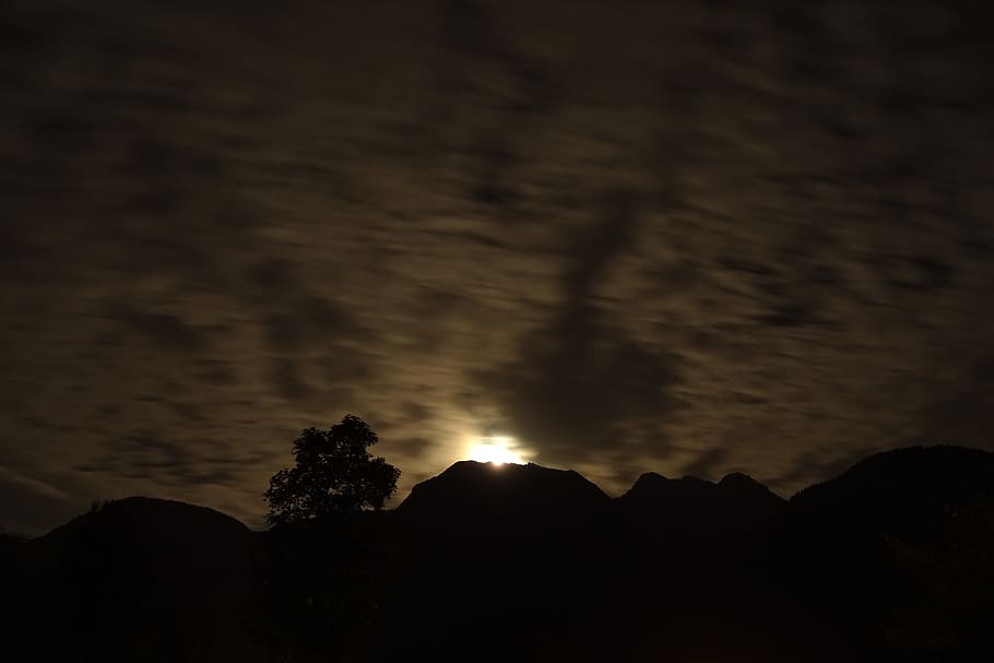 austria, lofer, clouds, mountains, night, tree, moon, sky, silhouette HD wallpaper