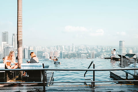 Marina Bay Sands pool, infinity pool, poolside, hotel, vacation HD wallpaper