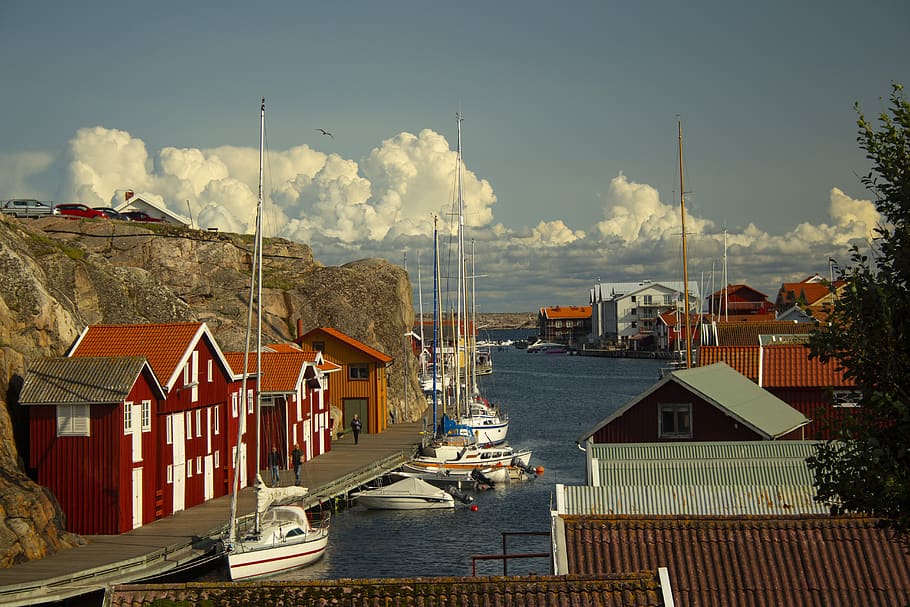 sweden, west coast, sea, salt water, bohuslän, sky, boathouses, HD wallpaper