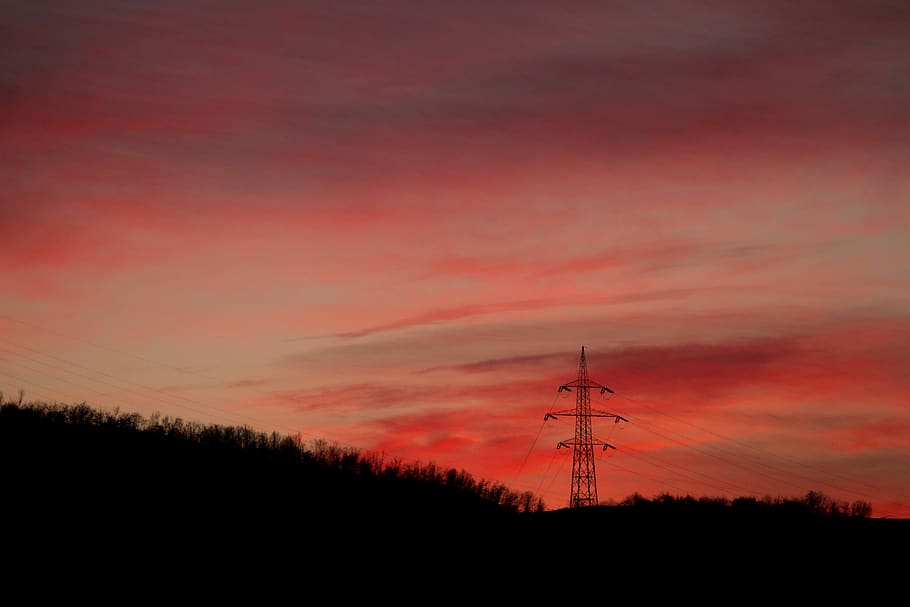 sunset, silhouette, tree, plant, field, farm, dark, cloud, sky HD wallpaper