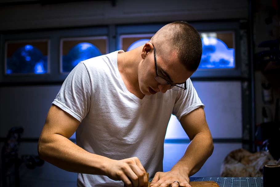 man in eyeglasses working inside room, people, person, human