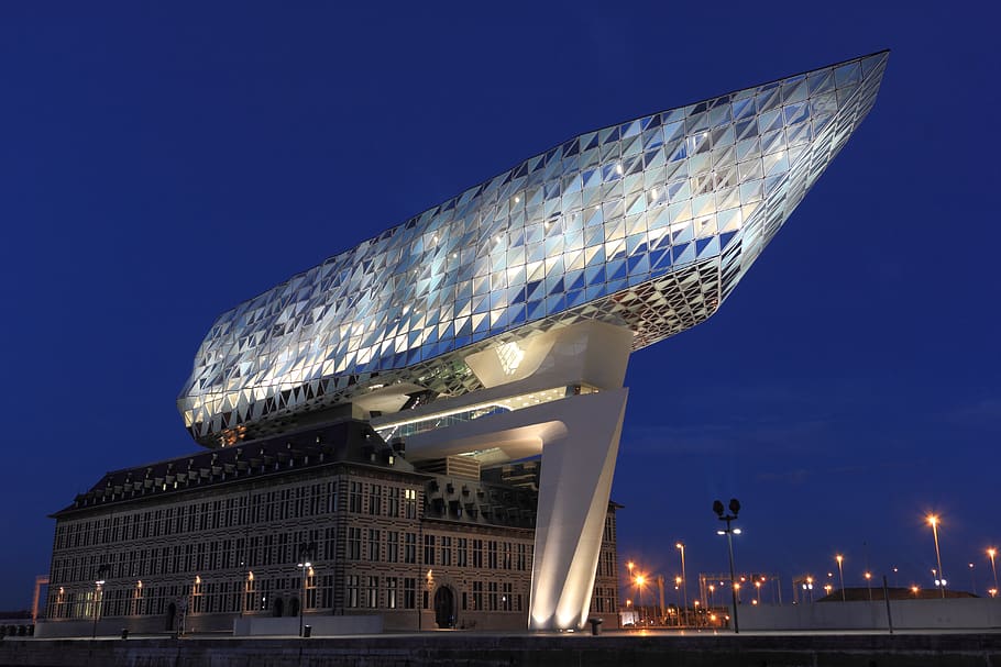 Low Angle Photo of Lighted Glass Building, antwerp, antwerpen, HD wallpaper