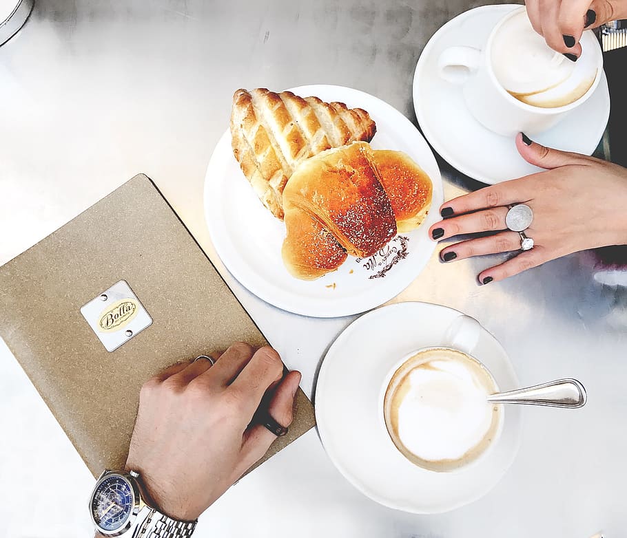 Pastries On Round White Ceramic Plate, caffeine, coffee, cups HD wallpaper