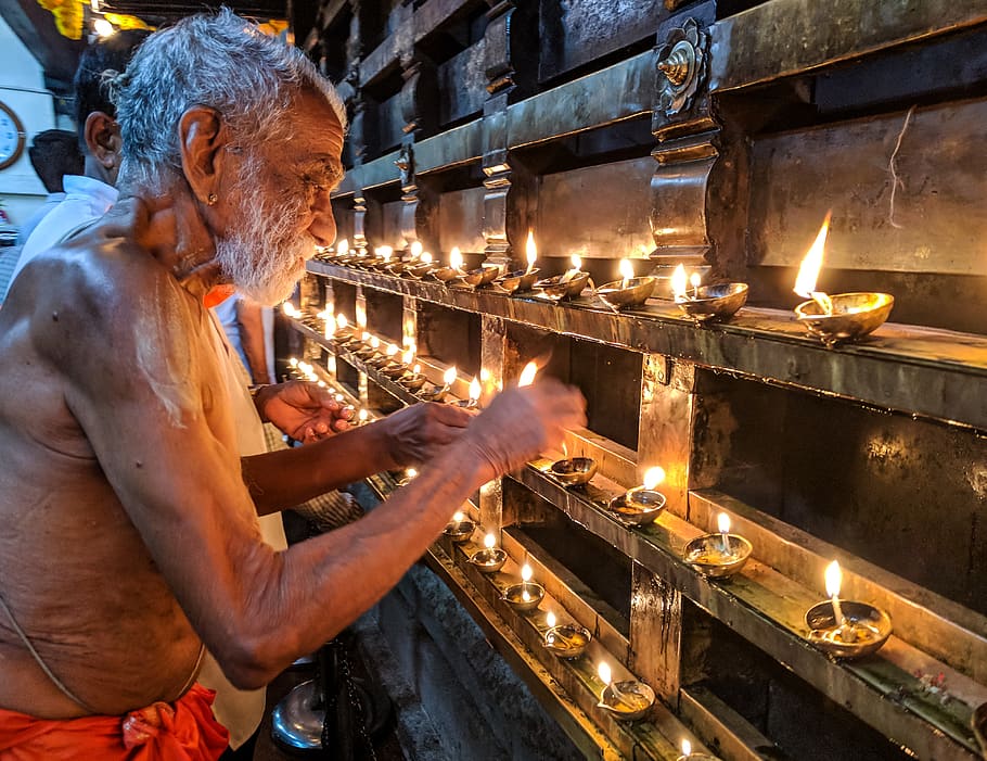 Man Lighting Candles, elderly, flames, person, real people, one person HD wallpaper