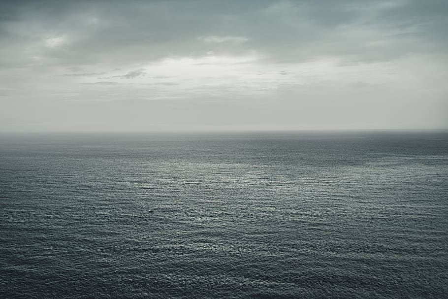calm ocean, water, sea, outdoors, nature, horizont, fog, ship HD wallpaper