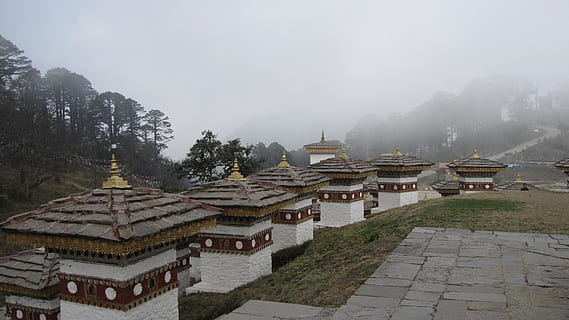 bhutan, dochula, pass, thimphu, fog, architecture, building exterior HD wallpaper