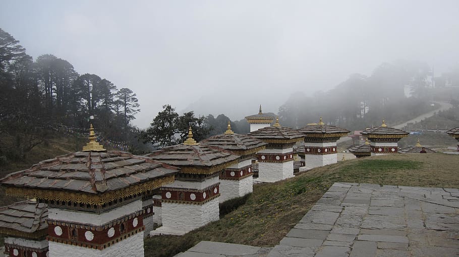 bhutan, dochula, pass, thimphu, fog, architecture, building exterior HD wallpaper