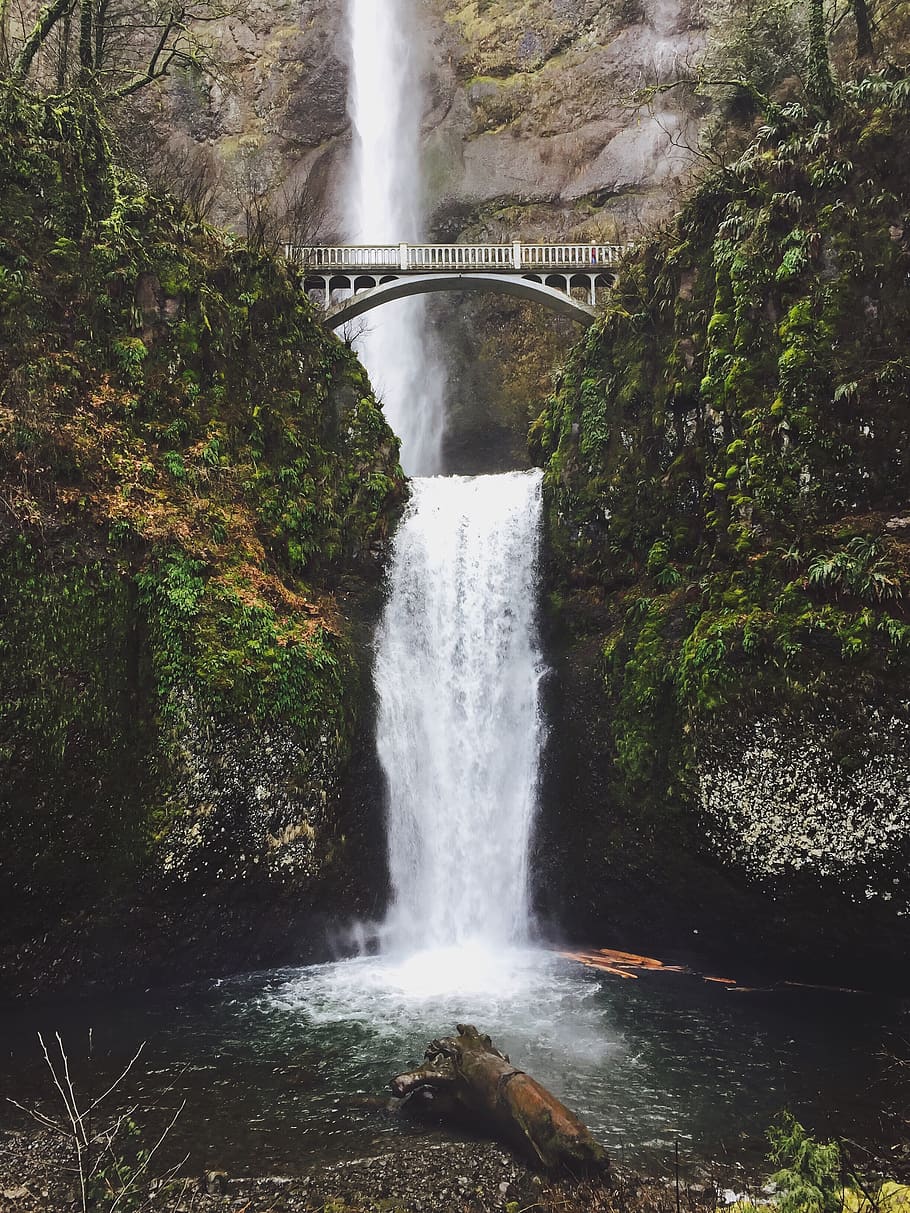 bridge over waterfalls, long exposure, flowing water, motion HD wallpaper