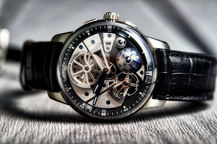round silver-colored skeleton watch with black leather strap, HD wallpaper