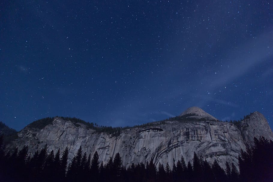 night, sky, stars, evening, mountains, trees, nature, outdoors HD wallpaper