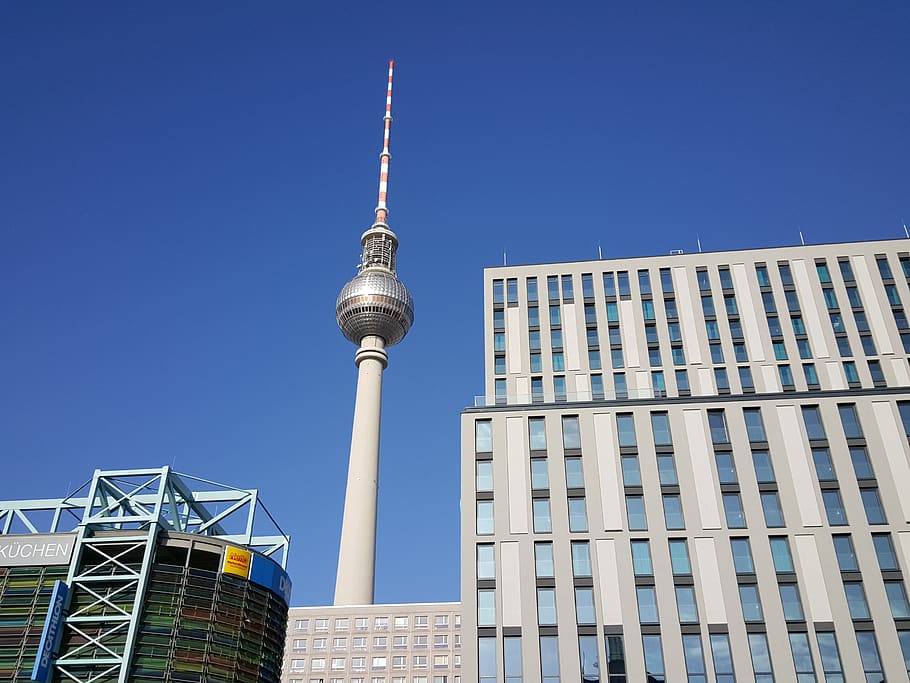 germany, berlin, blue sky, sun, alexander platz, buildings HD wallpaper