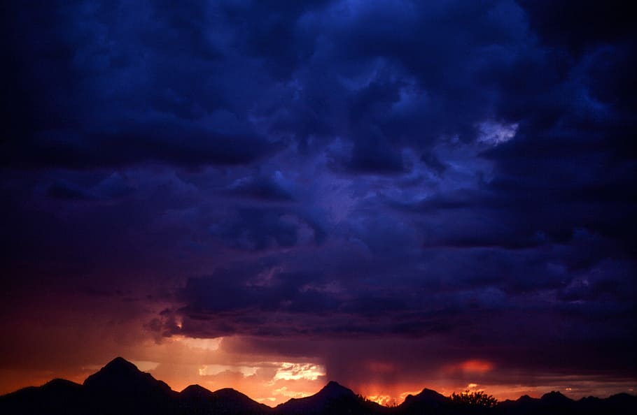 Sunset Sky with storm clouds, black, blue, bright, horizon, landscape