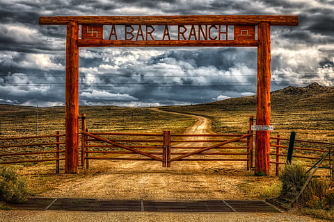 wyoming, america, ranch, gate, dirt road, sign, sky, clouds HD wallpaper
