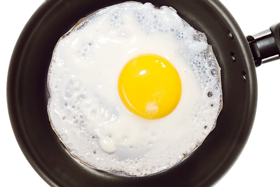 pan, fried, egg, isolated, yellow, breakfast, black, cook, cooked, HD wallpaper