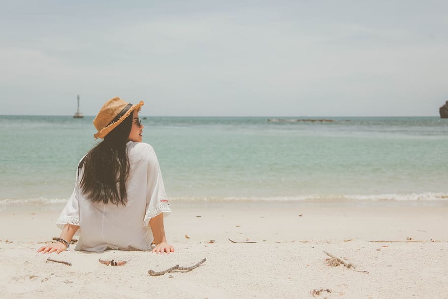 Woman Wearing White Dress on Seaside at Daytime, beach, hat, ocean HD wallpaper