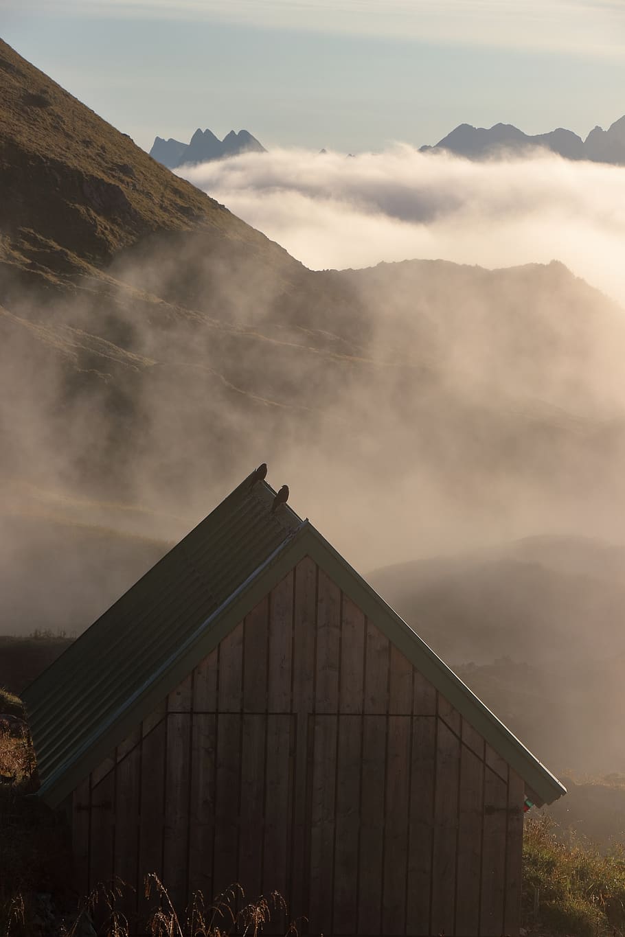 fog, mountains, hut, jackdaw, built structure, architecture HD wallpaper