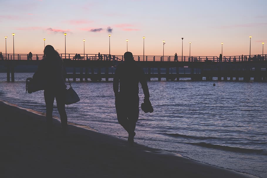 nature, beach, shore, sand, dock, water, ocean, sea, man, woman HD wallpaper