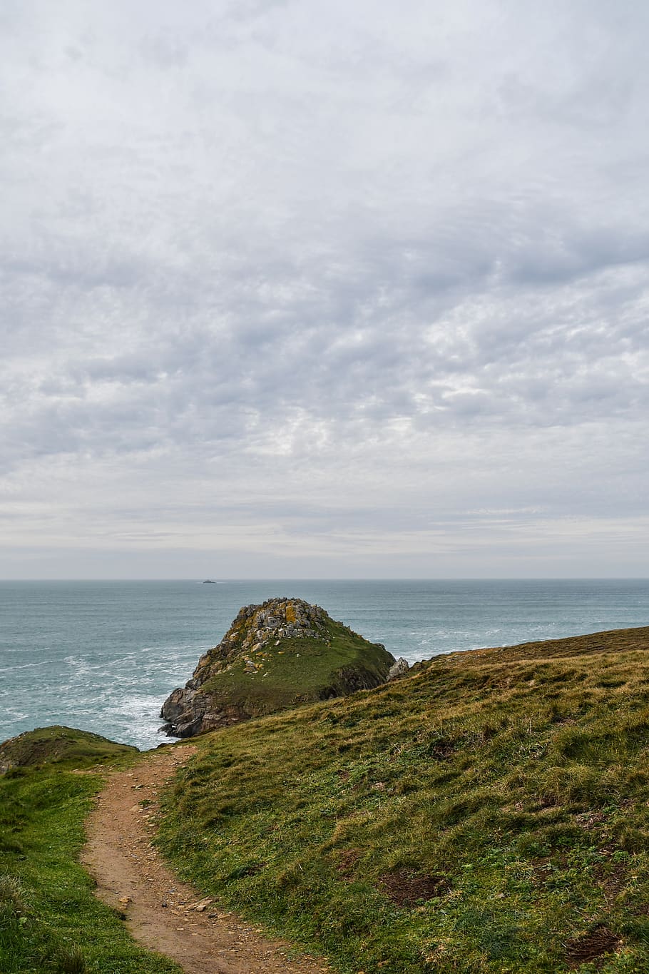 sea, sky, cloud, path, grass, side, landscape, ocean, nature HD wallpaper
