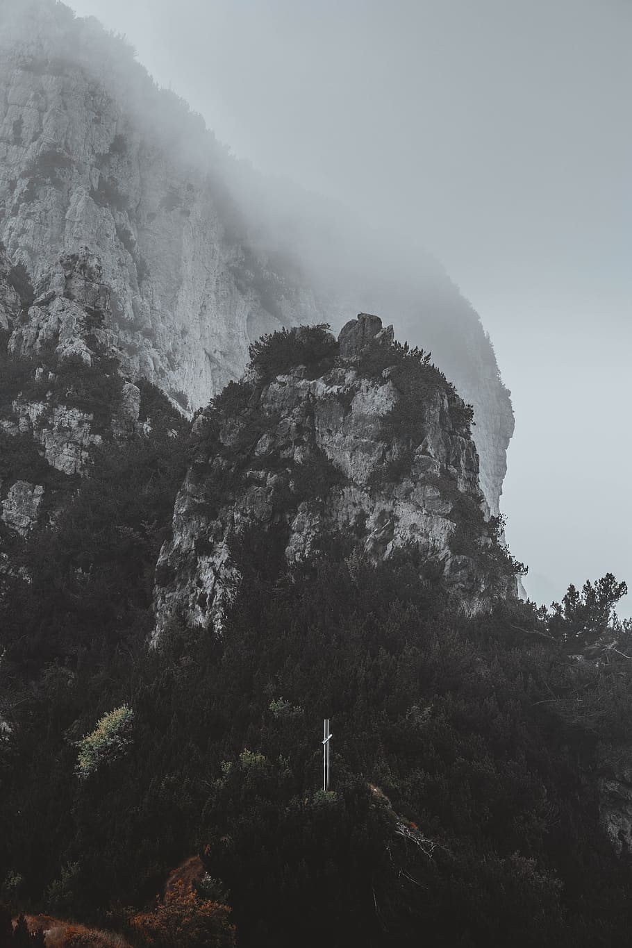 landscape photography of mountain, cliff, ridge, forest, haze HD wallpaper