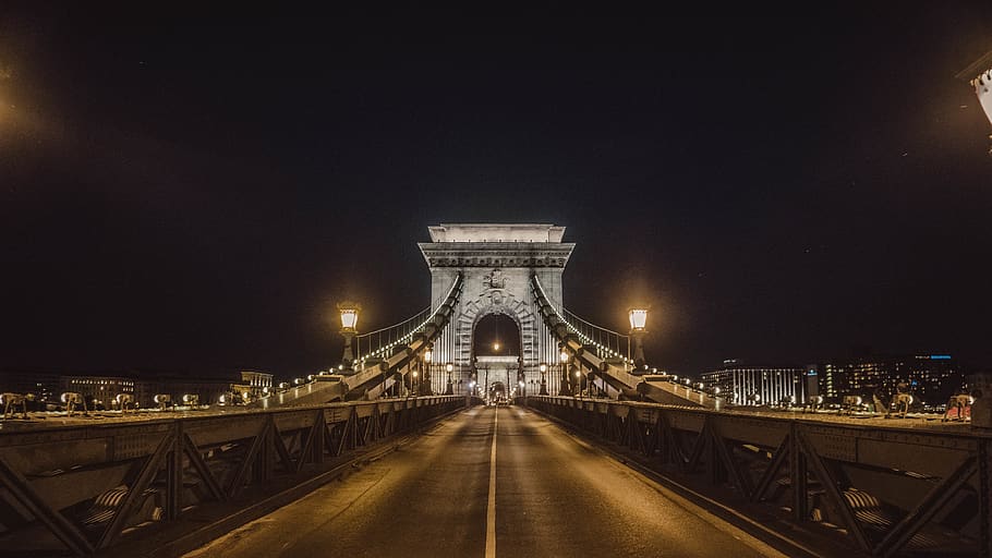 hungary, budapest, architecture, night, bridge, road, lights HD wallpaper