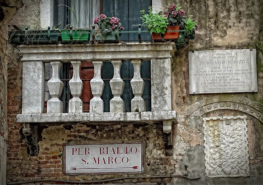 venice, house facade, balcony, text, communication, architecture, HD wallpaper