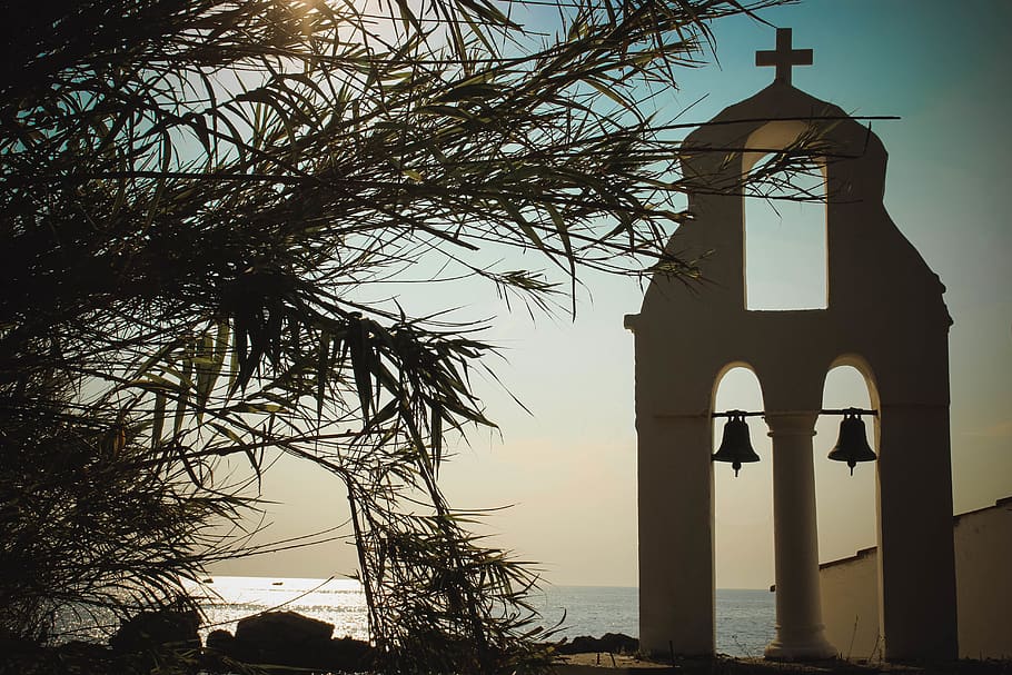 greece, corfu, cross, beach, church, bells, built structure HD wallpaper
