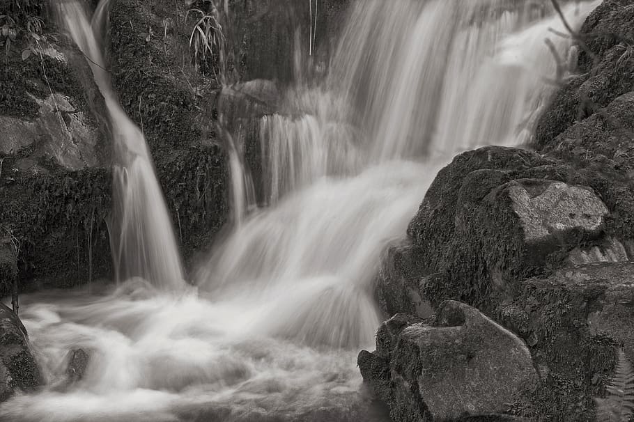 waterfall, forest, rocks, bandw, motion, scenics - nature, blurred motion HD wallpaper