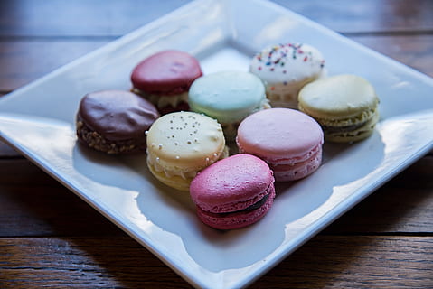 Macaroons Served on White Ceramic Plate, assorted, baked, cake HD wallpaper