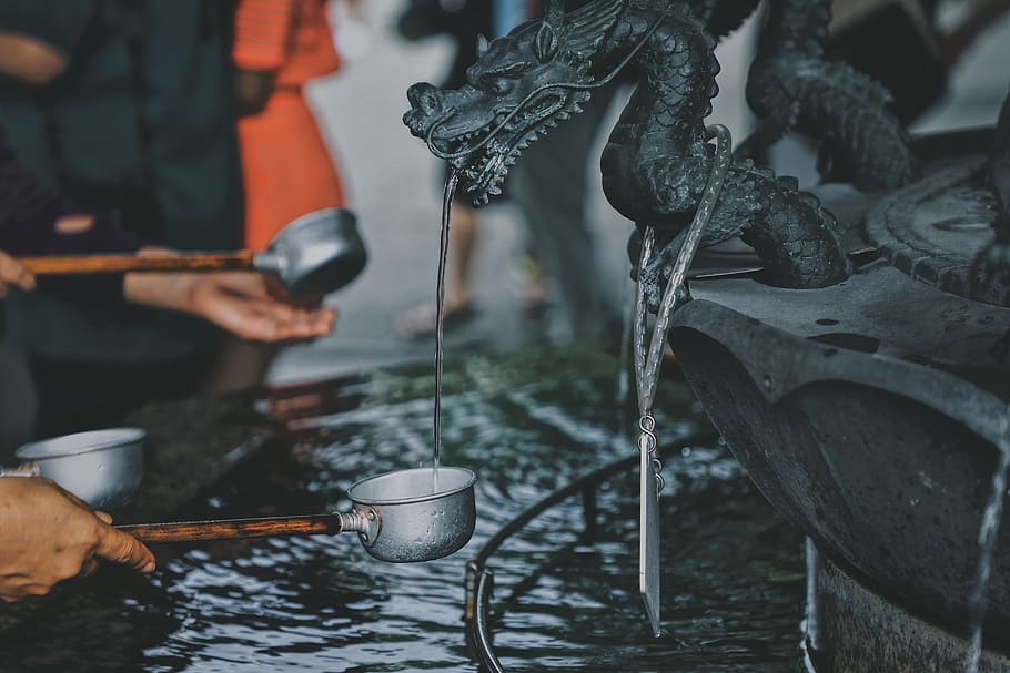 black dragon figurine, water, human, person, outdoors, fountain HD wallpaper