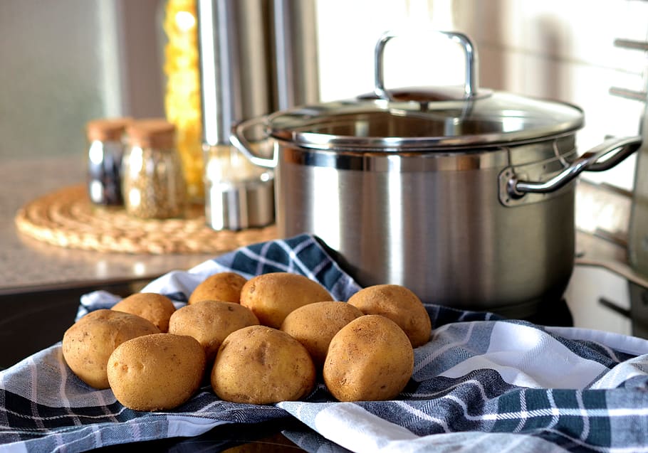 Potatoes Beside Stainless Steel Cooking Pot, container, cookware, HD wallpaper