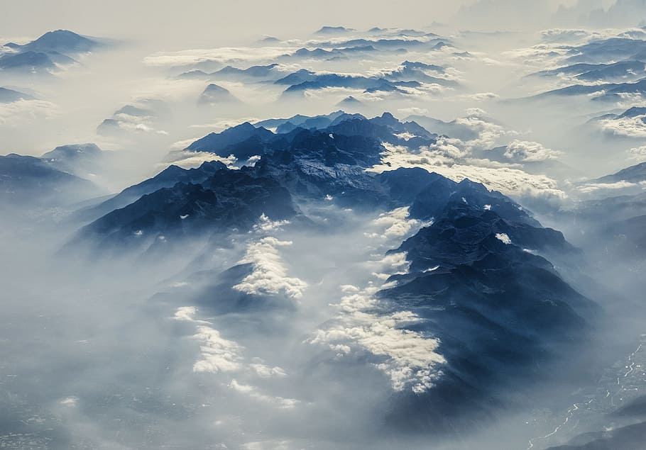 aerial view of mountain surrounded with clouds, flight, flying HD wallpaper