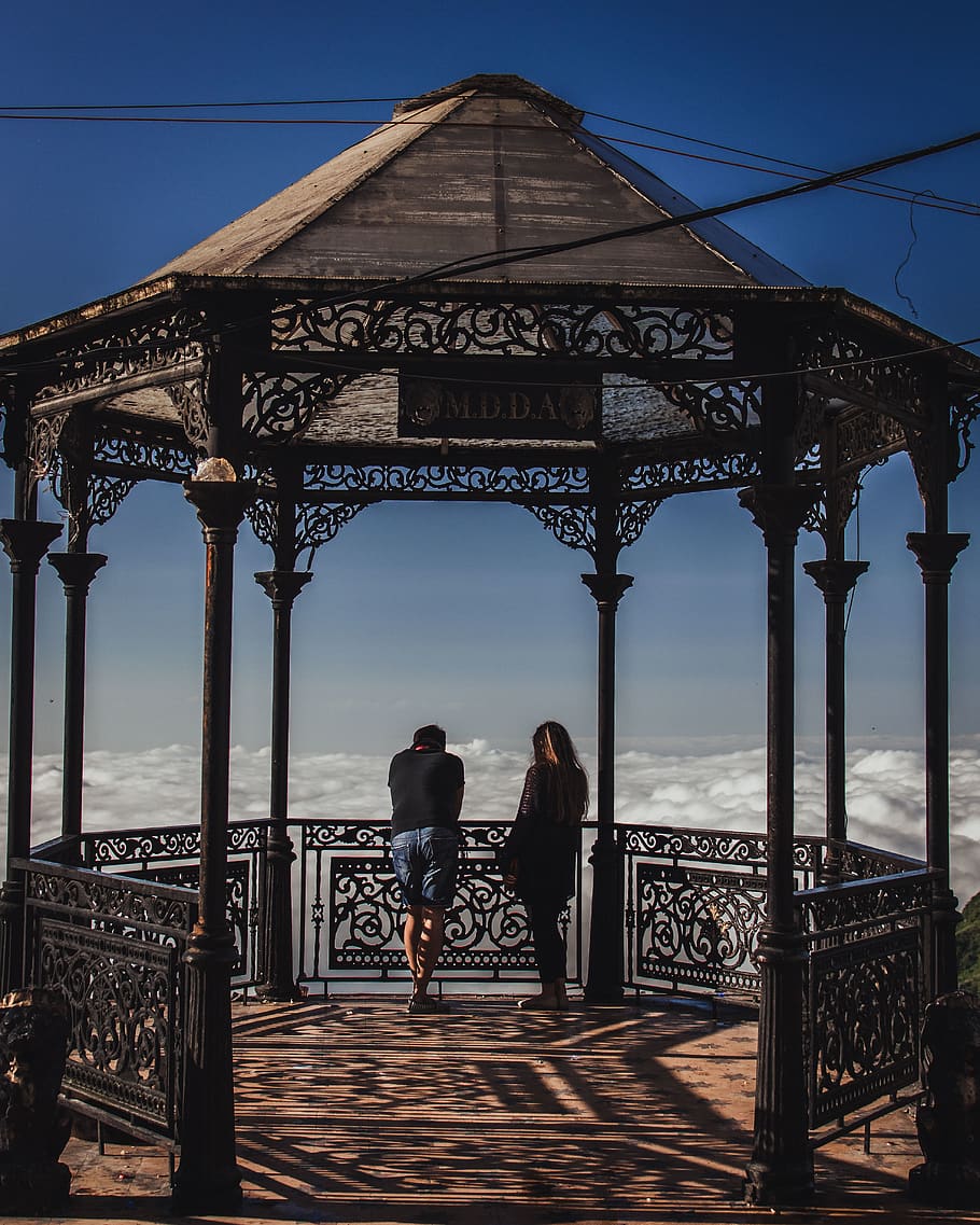 Man and Woman Inside Gray Gazebo, architecture, clouds, couple HD wallpaper