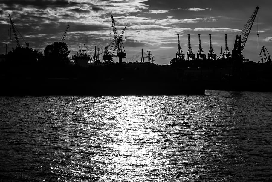 sunset, container cranes, river, harbour cranes, water, silhouette HD wallpaper