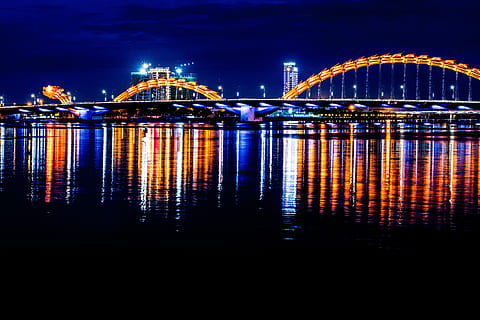 gray bridge, building, lighting, architecture, arched, night HD wallpaper