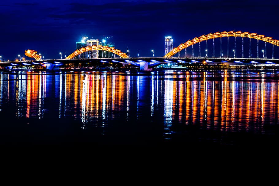 gray bridge, building, lighting, architecture, arched, night HD wallpaper