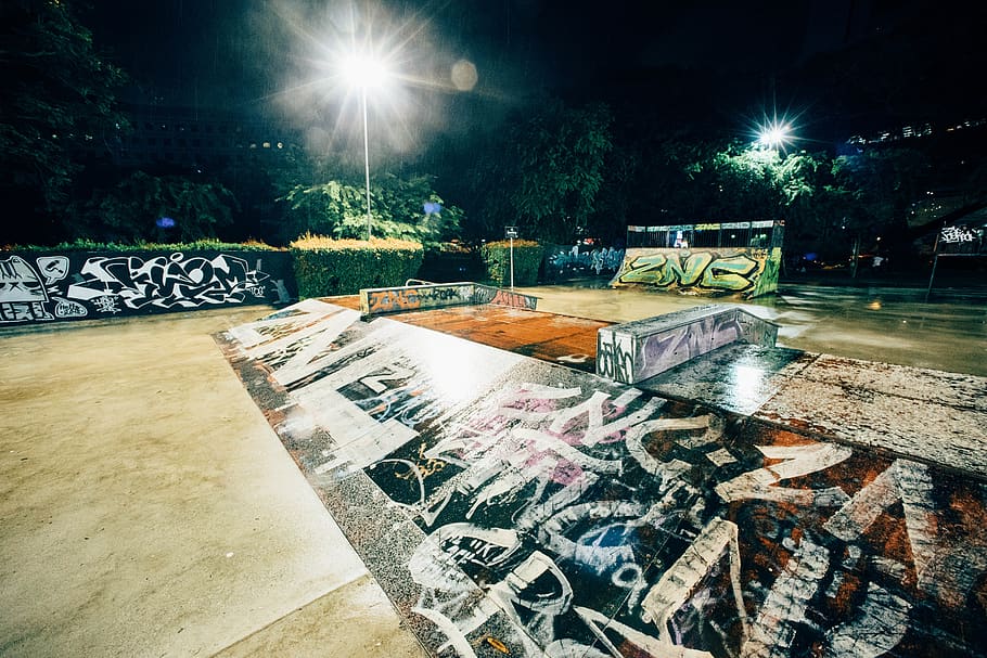 skateboard ramp field, brick, lumber, wood, skate park, grafitti HD wallpaper