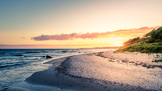 sunset, water, ocean, ocean shore, coastline, beach, sand, golden HD wallpaper