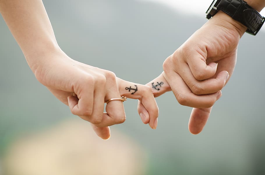 Man and Woman Interlocking Index Fingers With Anchor Tattoos, HD wallpaper