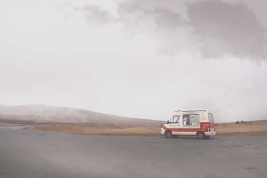 ice, cream, truck, desolate, road, clouds, sky, moor, hill HD wallpaper